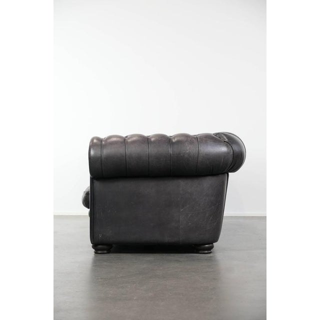 Black Chesterfield Sofa, Armchair, and Ottoman in Cowhide, Set of 3 For Sale - Image 5 of 18