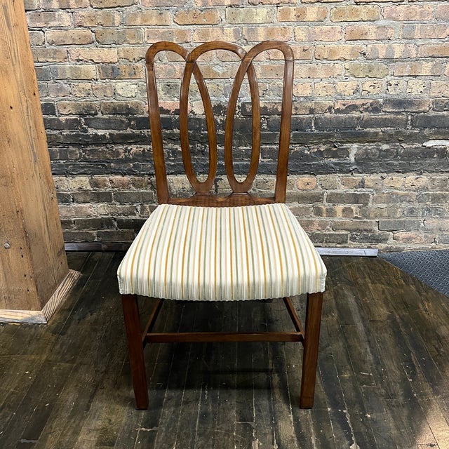 Wood Set of 8 Walnut Dining Chairs With Striped Velvet Upholstery Attributed to Dessin Fournir For Sale - Image 7 of 11
