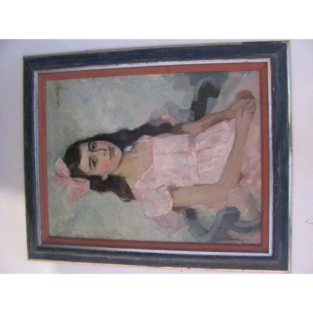 1920s 1920s "Portrait of a Girl in Pink" Oil Painting, Framed For Sale - Image 5 of 6