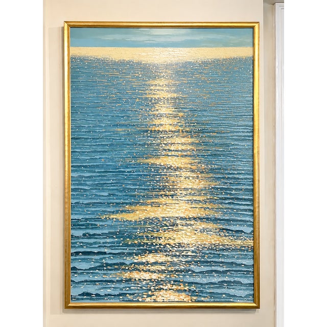 Abstract Golden Hour Ocean Reflection | Original Contemporary Textured Oil Painting — By Samuel H. (24" X 36") | Custom Framed For Sale - Image 3 of 8
