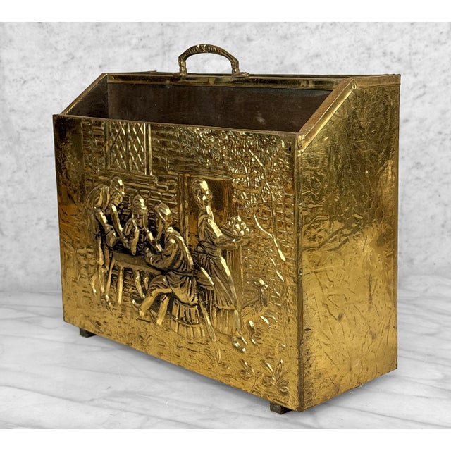 Vintage Traditional English Brass Repousse Magazine Rack Record Stand Caddy For Sale - Image 4 of 9