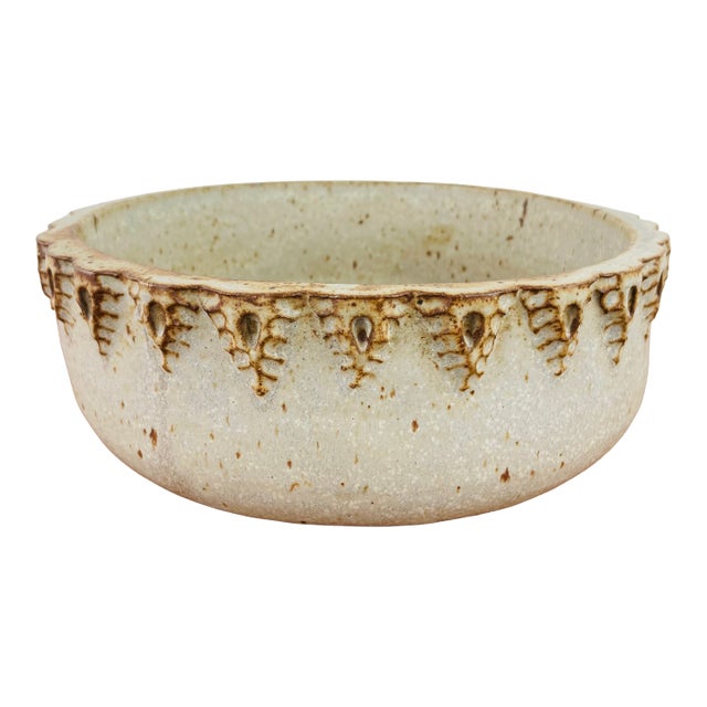 Vintage 1970s Handmade White Stoneware Low Wide Studio Pottery Bowl or Planter For Sale