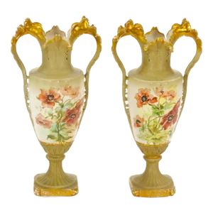 Antique Austrian Hand Painted / Gilt Decorated Pair of Porcelain Vases