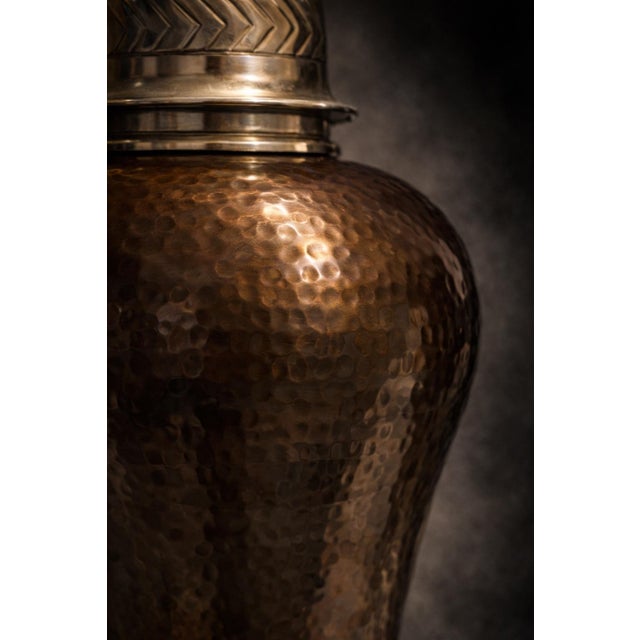 Mid-Century Modern Vintage Hammered Bronze Table Lamp With Chevron Nickel Band & Linen Shade – Sculptural Designer Style – 34” For Sale - Image 3 of 12