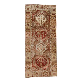 1930s Vintage Distressed Oushak Medallion Rust Red Sage Wool Hand-Knotted Runner Rug - 4’3” X 9’11” For Sale