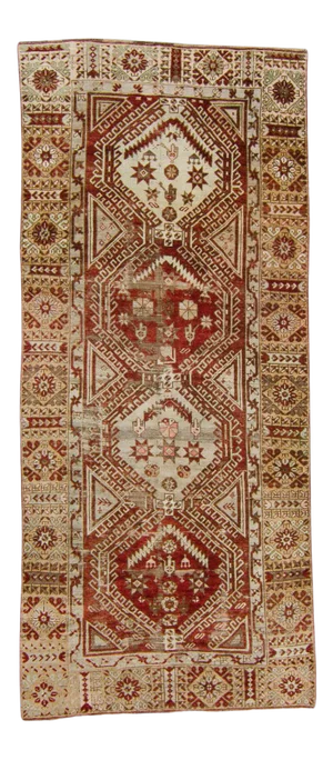 1930s Vintage Distressed Oushak Medallion Rust Red Sage Wool Hand-Knotted Runner Rug - 4’3” X 9’11”