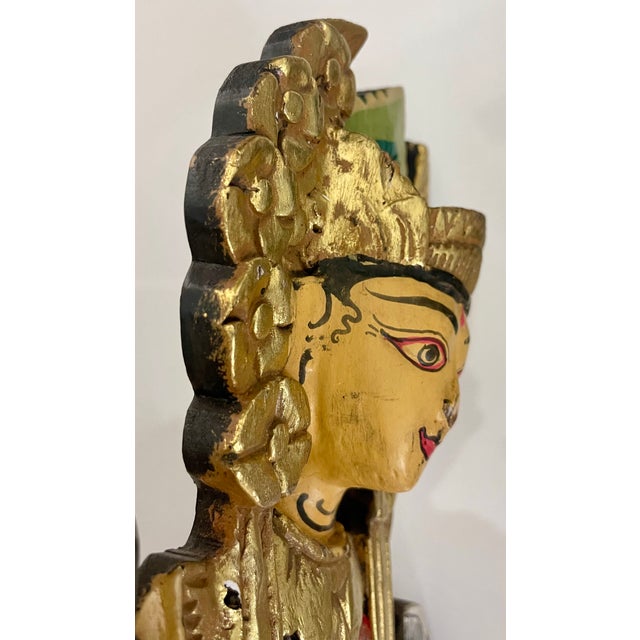 Wood Pair of 26-Inch Balinese Wood Statues, Hand-Carved and Painted Folk Art Figures For Sale - Image 7 of 8