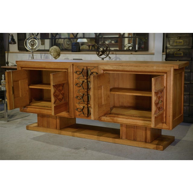 Art Deco Oak and Wrought Iron Sideboard by Léon and Maurice Jallot, 1940s For Sale - Image 3 of 16