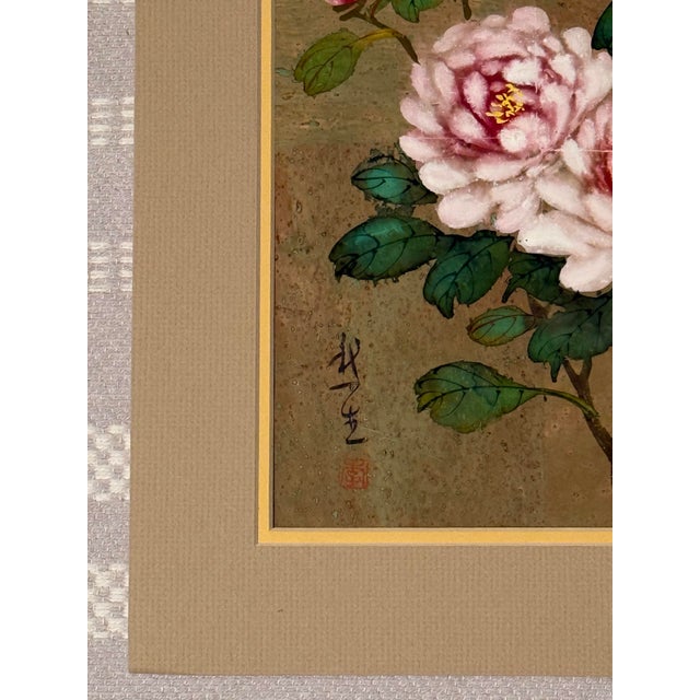 Green Original Chinese Floral Painting With Birds, Signed, Custom Mat For Sale - Image 8 of 12