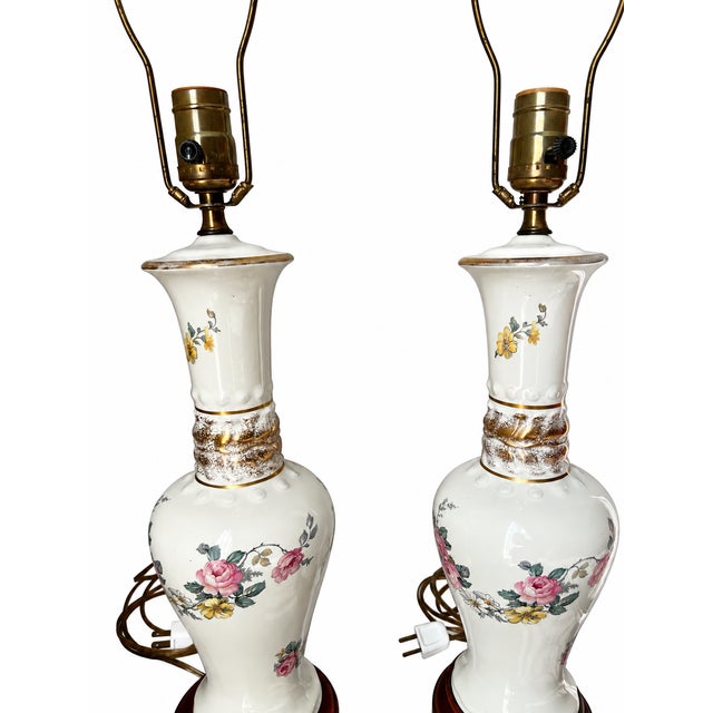 Vintage Ivory Floral Ceramic Table Lamps With Gold Accents — A Pair For Sale In Las Vegas - Image 6 of 8