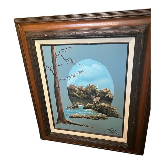 Original “Fawn by the Water” Painting, Stretched and Mounted in Solid Wood Ornate Vintage Frame, Signed by Artist For Sale
