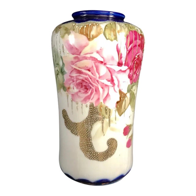 Vintage Mid Century Hand Painted Vivid Colored Japanese Floral Vase With Gilt Relief For Sale