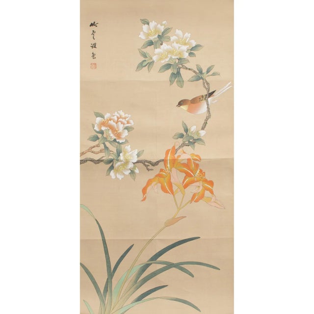 Post 1940s Showa Era Japanese Silk Scroll "Rosefinch, Camellias and Lilies" For Sale - Image 12 of 12