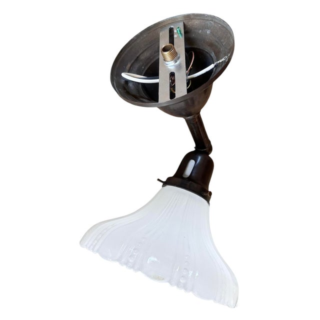 American Pair Beaded Pattern Clam Shell White Glass Shade Wall Sconces on Original Old Bronzing Brass Holders, Circa 1920 For Sale - Image 3 of 5