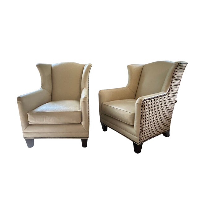 Pair Vintage Henredon Wingback Chairs – Ivory Leather, Geometric Pattern, Nailhead Trim For Sale - Image 14 of 18