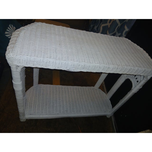 Vintage Boho Chic Coastal White Wicker Console Table With Lattice & Bead Detail For Sale - Image 4 of 10