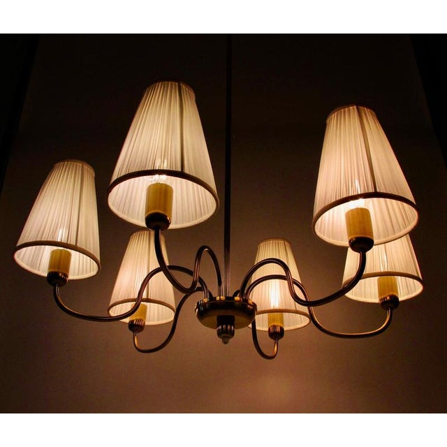 Mid-Century 6-Arm Chandelier in Brass with Silk Shades by Rupert Nikoll, 1958 For Sale - Image 11 of 16