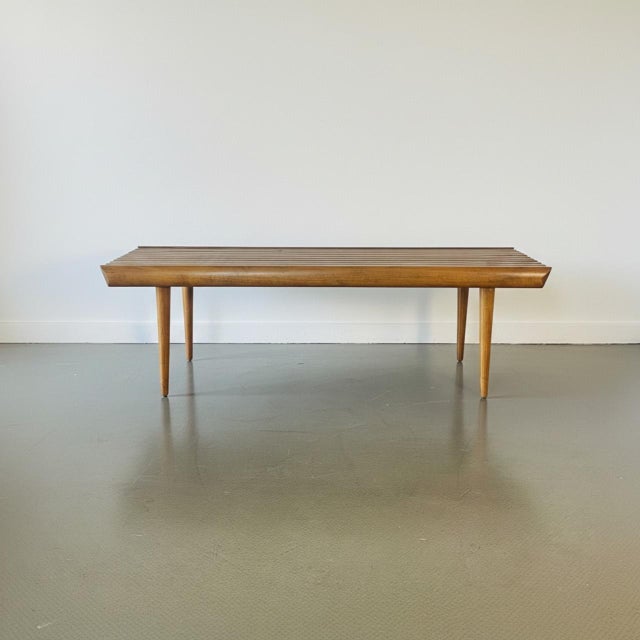 Lovely George Nelson style midcentury slatted wooden teak coffee table. In good vintage condition, with some wear...