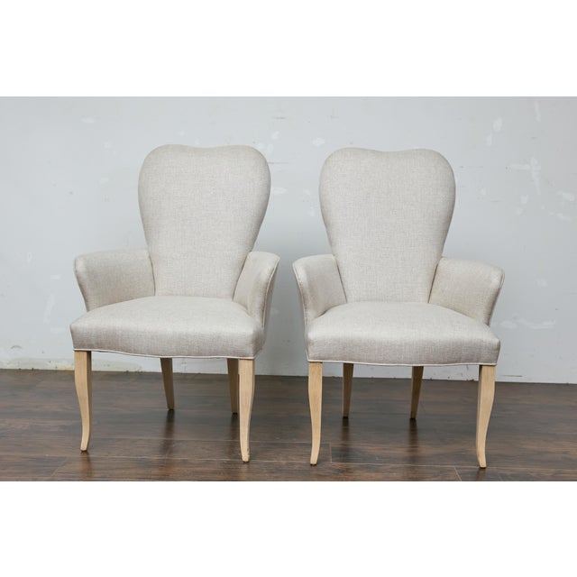 Mid 20th Century Pair of French Midcentury Armchairs with Linen Upholstery, Curved Tapered Legs For Sale - Image 5 of 12