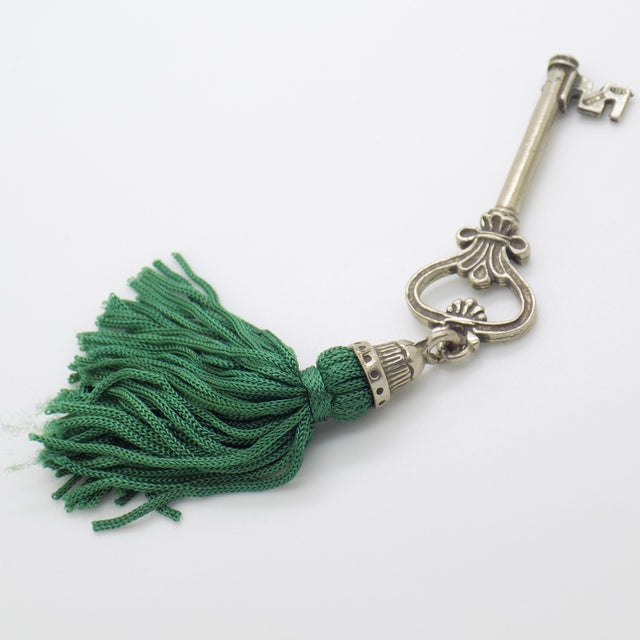 Metal Vintage Italian Handmade Genuine Silver Life Size Secret Drawer Key W/T Green Tassel For Sale - Image 7 of 11
