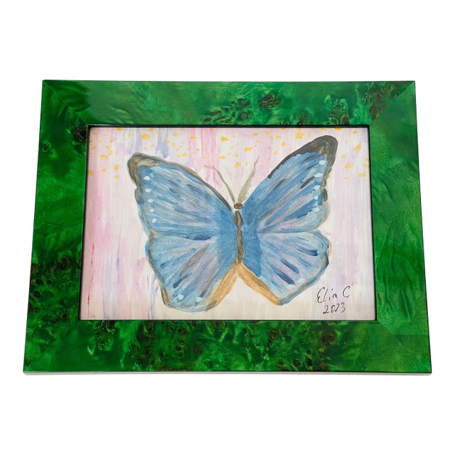 1970s Abstract Butterfly Original Painting in Faux Malachite Frame For Sale