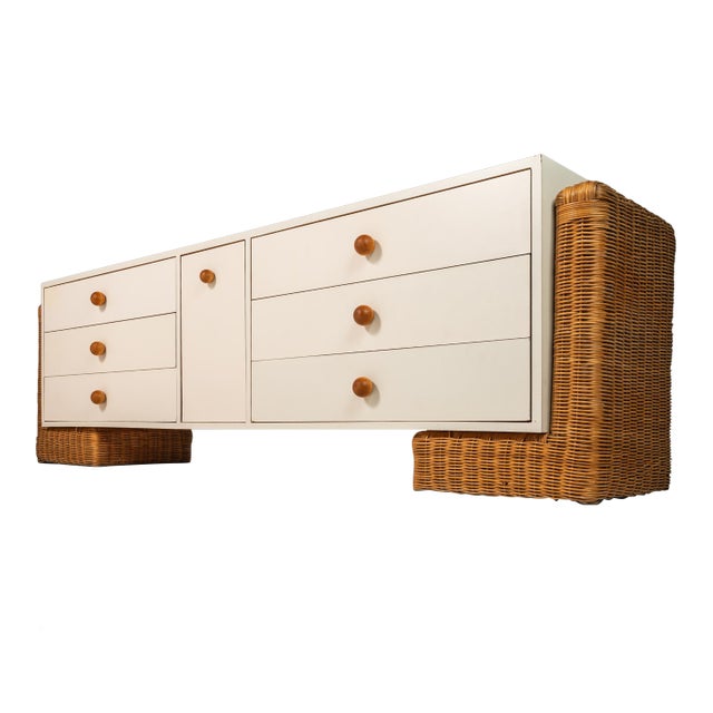 Mid-Century Modern Boho Chic Unique Long Dresser / Case Piece / Sideboard With Rattan Base, C. 1980s For Sale