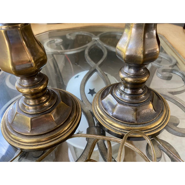 Brass 1990s Heirloom Heavy Casted Brass and Glass Hurricane Table Sconce Vintage - Pair For Sale - Image 8 of 10