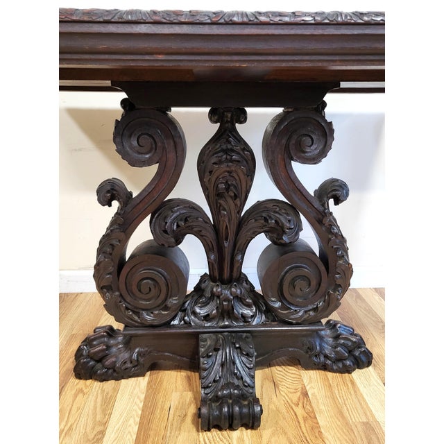 Brown Antique American Carved Oak "Fleur-De-Lis" Base Renaissance Library Center Table For Sale - Image 8 of 13