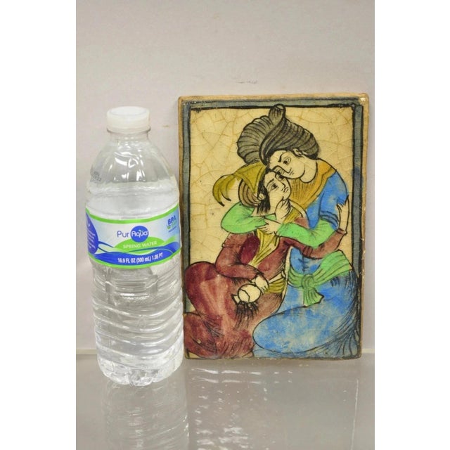 Antique Persian Iznik Qajar Style Blue and Red Ceramic Pottery Tile Couple C5. Item features original crackle glazed...