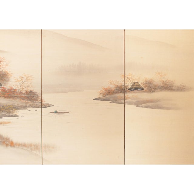 1960s Shōwa Era Japanese Silk Byobu Screen "Autumn Landscape With River" For Sale In Dallas - Image 6 of 18