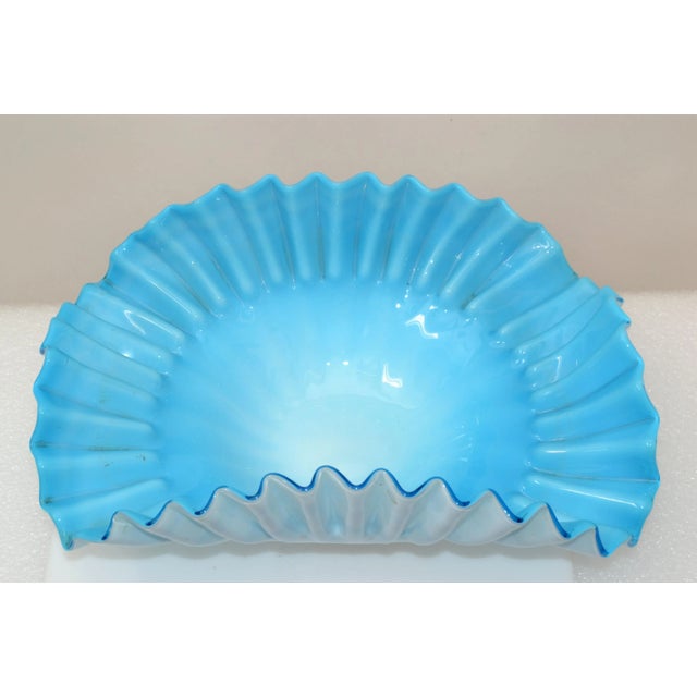 1970s Turquoise Blue & White Cased Ruffled Murano Art Glass Bowl Italy Midcentury 1970 For Sale - Image 5 of 13