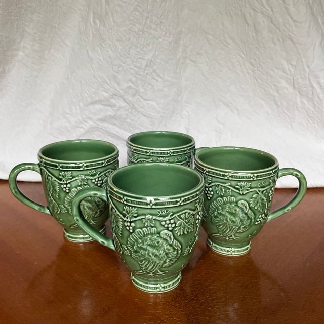 2000 - 2009 Vintage Majolica Turkey Mugs by Bordallo Pinheiro Set of Four For Sale - Image 5 of 10