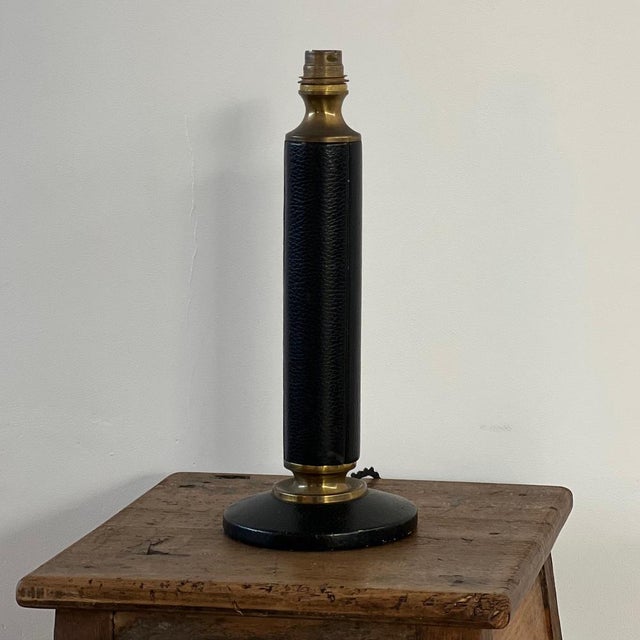 Mid-Century French Black Leather and Brass Table Lamp For Sale - Image 11 of 15