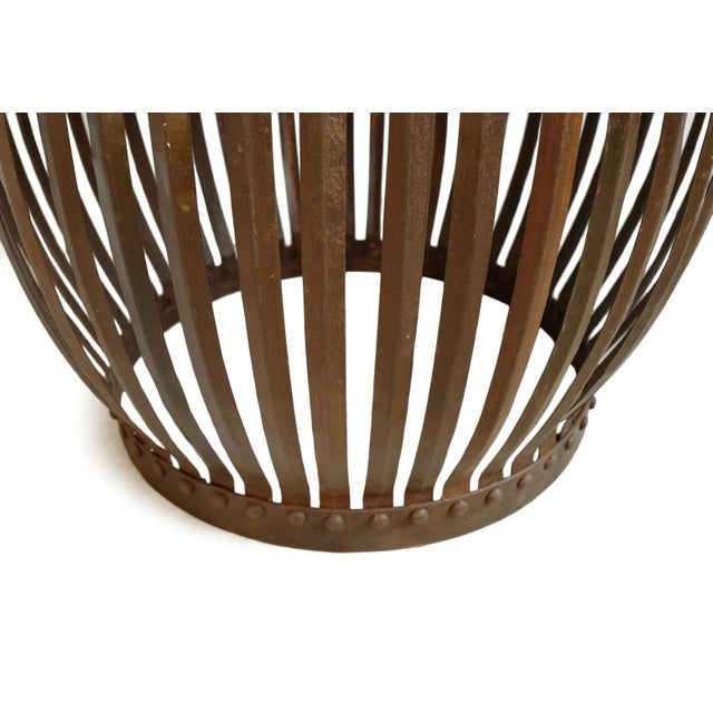 Vintage White Marble Iron Strap Barrel Side Table For Sale In Los Angeles - Image 6 of 6