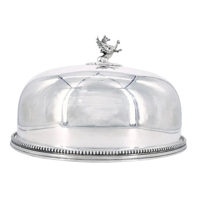 19th Century English Silverplate Meat Dome With Dragon Finial Handle For Sale