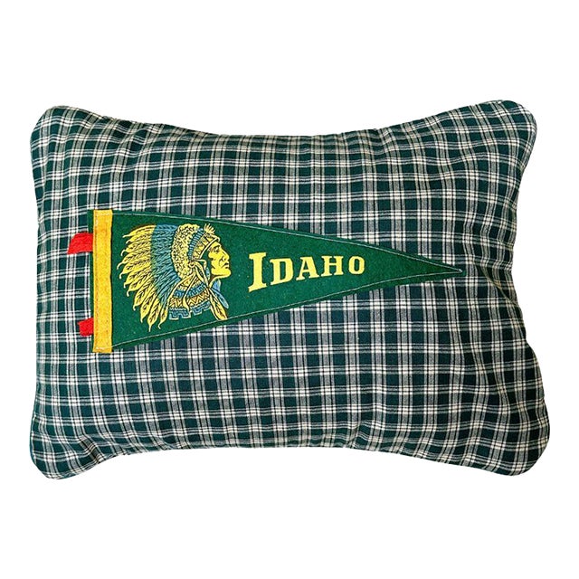 Idaho Native American Vintage Pennant on New Woven Plaid Throw Pillow For Sale