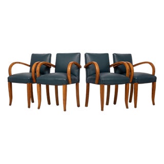 Antique Art Deco Maple Bentwood and Blue Leather Dining Chairs 1930s For Sale
