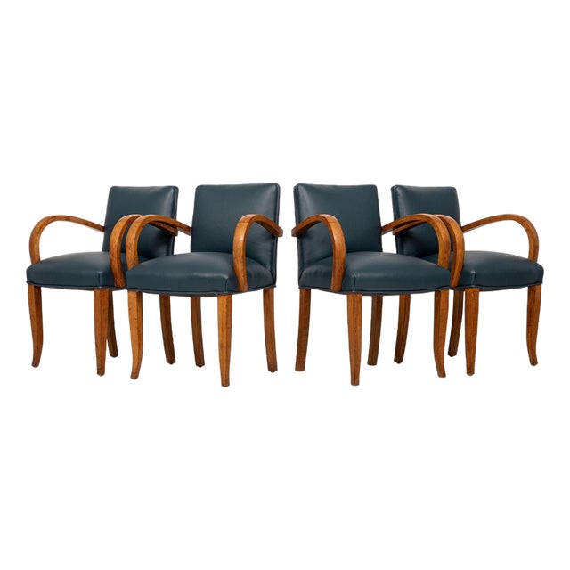 Antique Art Deco Maple Bentwood and Blue Leather Dining Chairs 1930s For Sale
