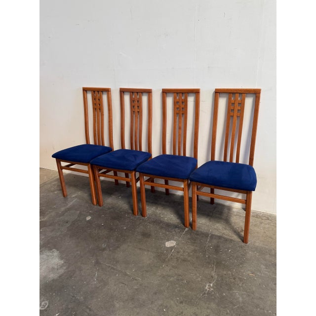 Frank Lloyd Wright Late 20th Century Italian Dining Chairs by Ims SRL - Teak & Dark Blue Wool - Set of 4 For Sale - Image 4 of 10