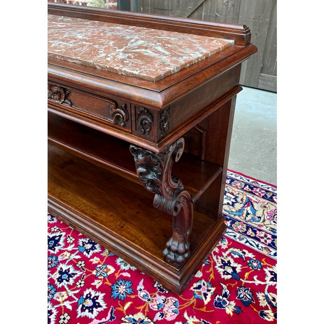 Brown Antique French Gothic Server Sideboard Console Table 2-Tier Walnut Marble Top For Sale - Image 8 of 12