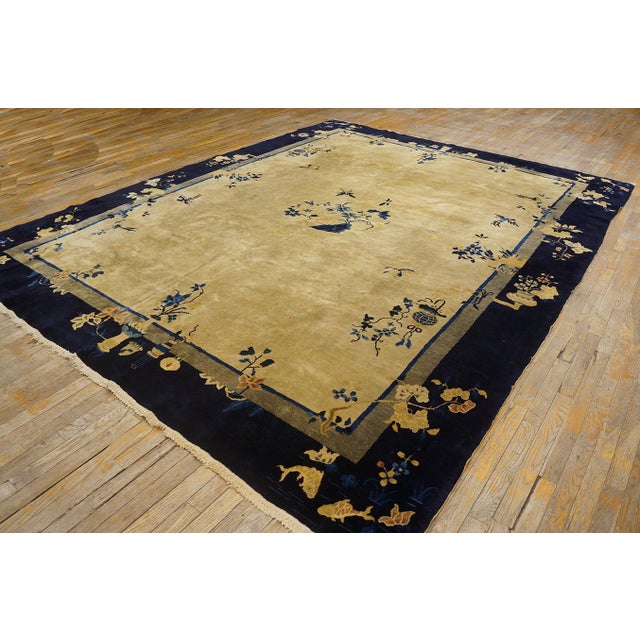 Textile 1920s Beige Cream Antique Floral Vase Deco Chinese Peking Knotted Wool Rug For Sale - Image 7 of 11