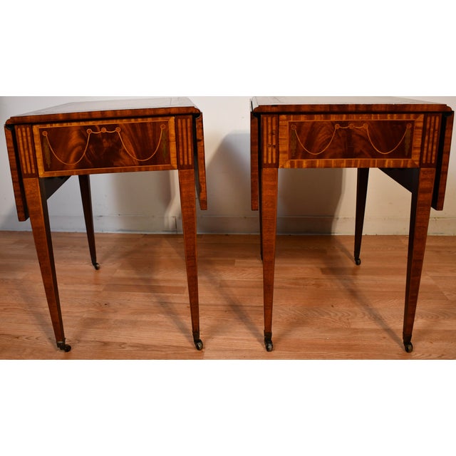 1930s English Hepplewhite Mahogany Satin Wood Inlay Leather Top Drop-Leaf Pembroke Side Tables For Sale - Image 10 of 18