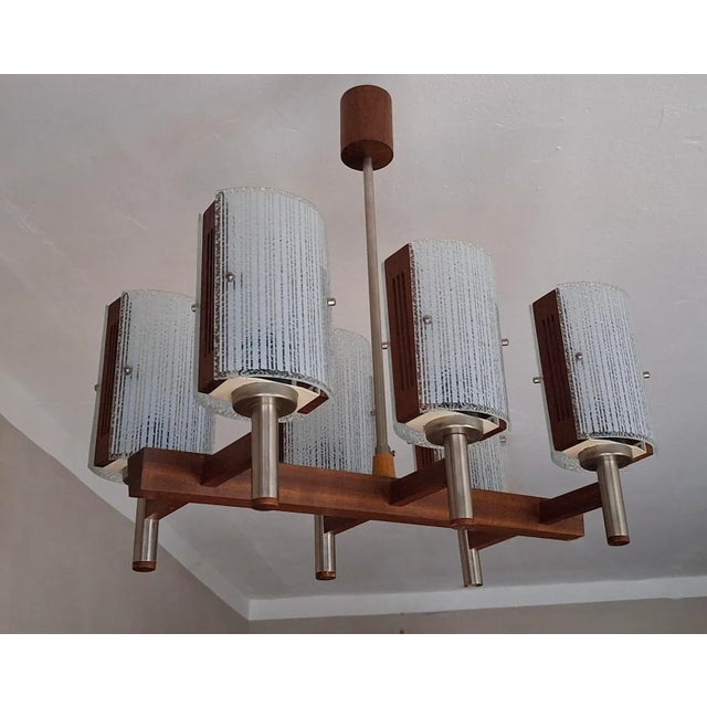 Brutalist Teak and Art Glass Chandelier, 1960s For Sale - Image 9 of 9