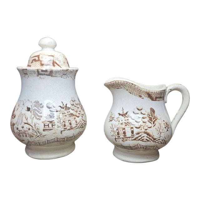 Mid 18th Century English "Willow Tree" Sugar and Creamer For Sale