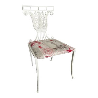 1930s Regency White Cast Iron Garden Chair With Upholstered Seat For Sale