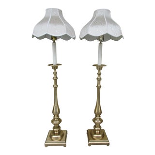 Vintage Frederick Cooper Brass Candlestick Floor Lamps With Shades For Sale