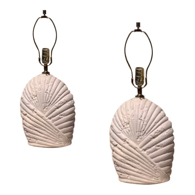 Set of 2 Vintage Postmodern Seashell Wrapped Plaster Table Lamps For Sale