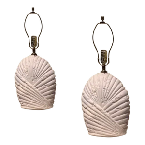 Set of 2 Vintage Postmodern Seashell Wrapped Plaster Table Lamps