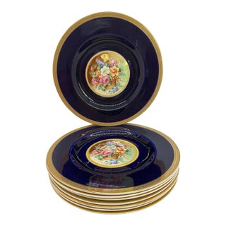 1930s Cobalt Floral 24k Ducal Crown Ware Plates - Set of 8 For Sale