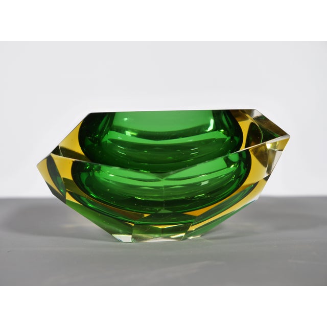 Mid-century glass tray made of Sommerso glass by Flavio Poli, 1970s. Solid glass bowl in green and yellow with multi-...
